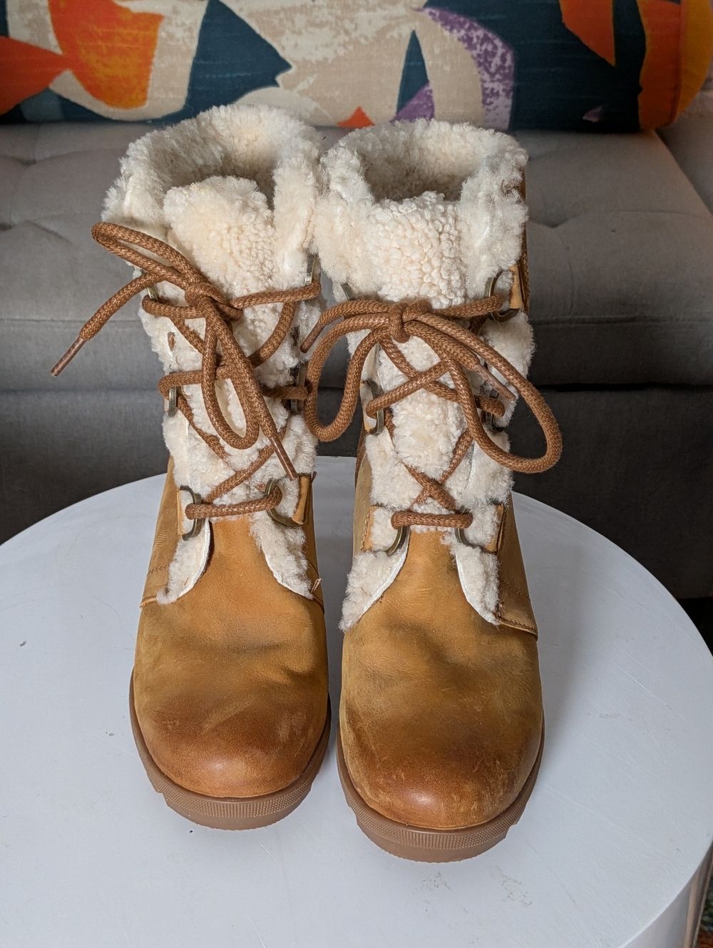 Sorel Joan of Arctic Leather Shearling Winter Boots Size 7 Waterproof Lace Up - Picture 2 of 7